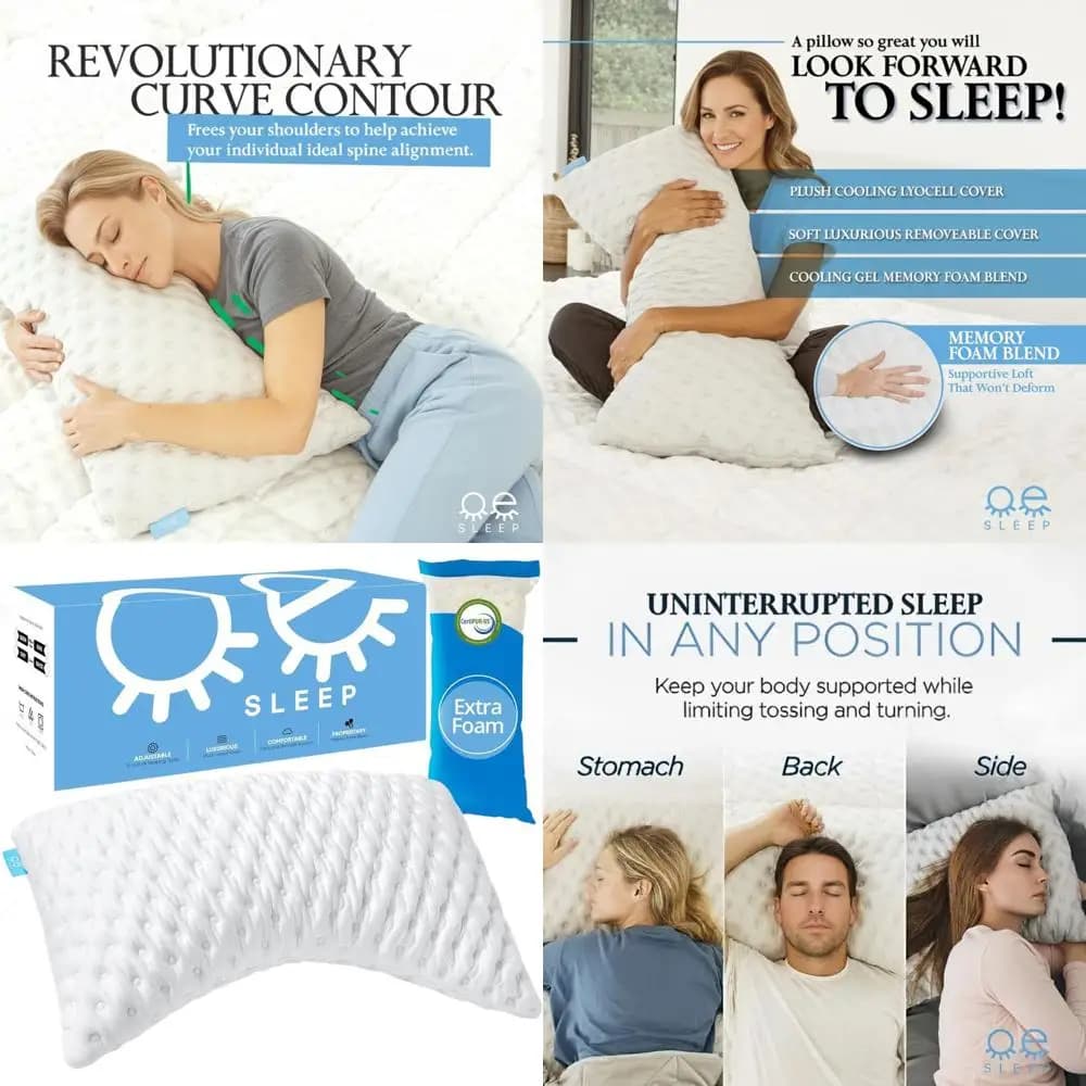 Cuscino in Memory Foam Curvo Misura Queen per Chi Dorme su un Fianco o sulla Schiena - Rinfrescante, Regolabile, Supporto per Collo e Spalle con Fodera Lavabile