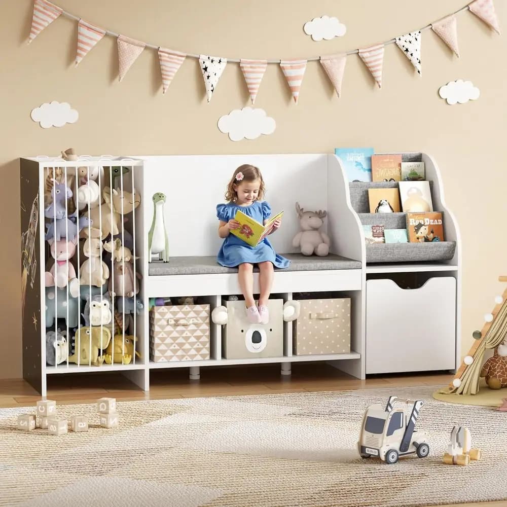Children's reading angle with container, animal figurine, padded library and mobile toy box, ideal for games rooms and rooms