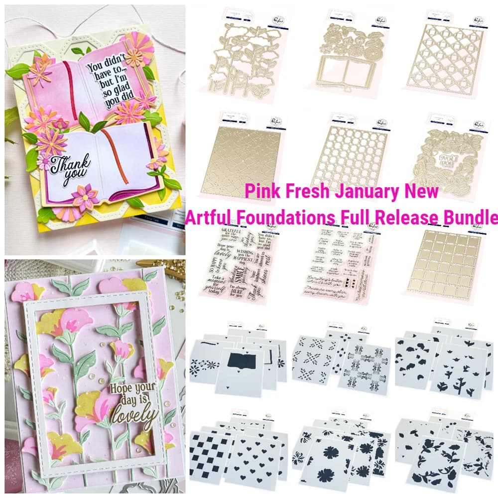 Bundle Complete with Metallic Fustelles, Stamps and Stencils 'Pink Fresh Artful Foundations' for Scrapbooking, Diary Decoration and Embossing