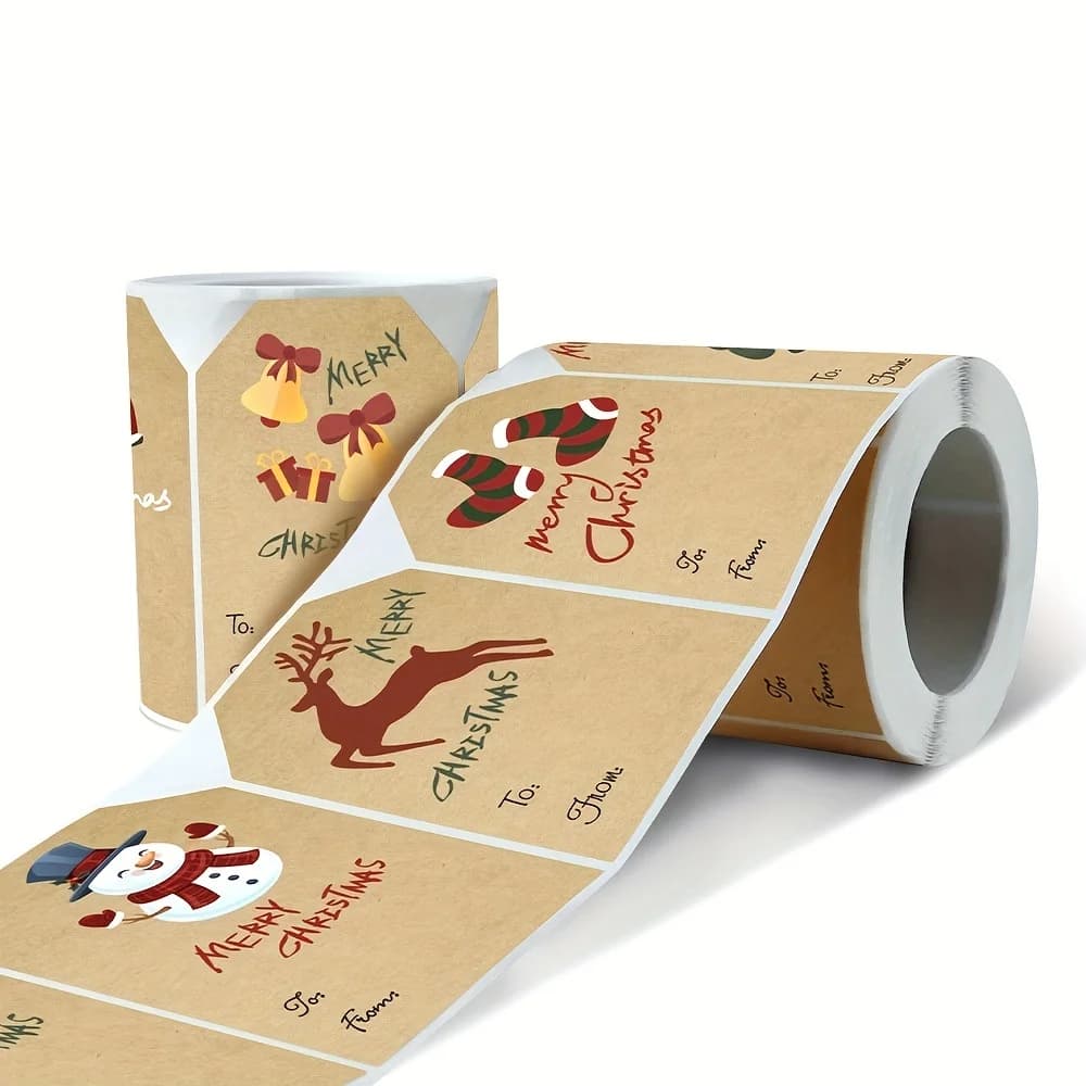 250pcs/roll Christmas Stickers - 2x3 Kraft Paper Tree Socks Snowman Elk MERRY CHRISTMAS