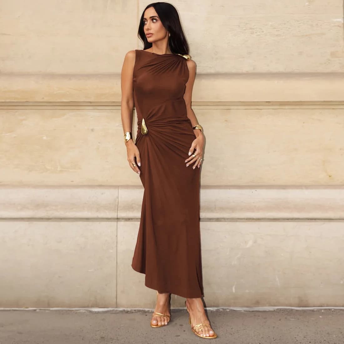 Autumn Winter Sleeveless Y2K Women Maxi Dress Outfits Sexy Party Club Bodycon Ruched Metal Birthday Long Dresses Vestido Gift