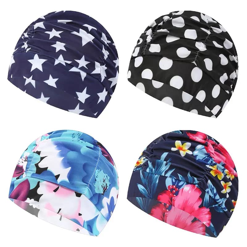 Floral Printed Swimwear Summer Swimwear Long Hair Bathtub Hat Pleated Style Swimwear for Women Grils Beach Surf