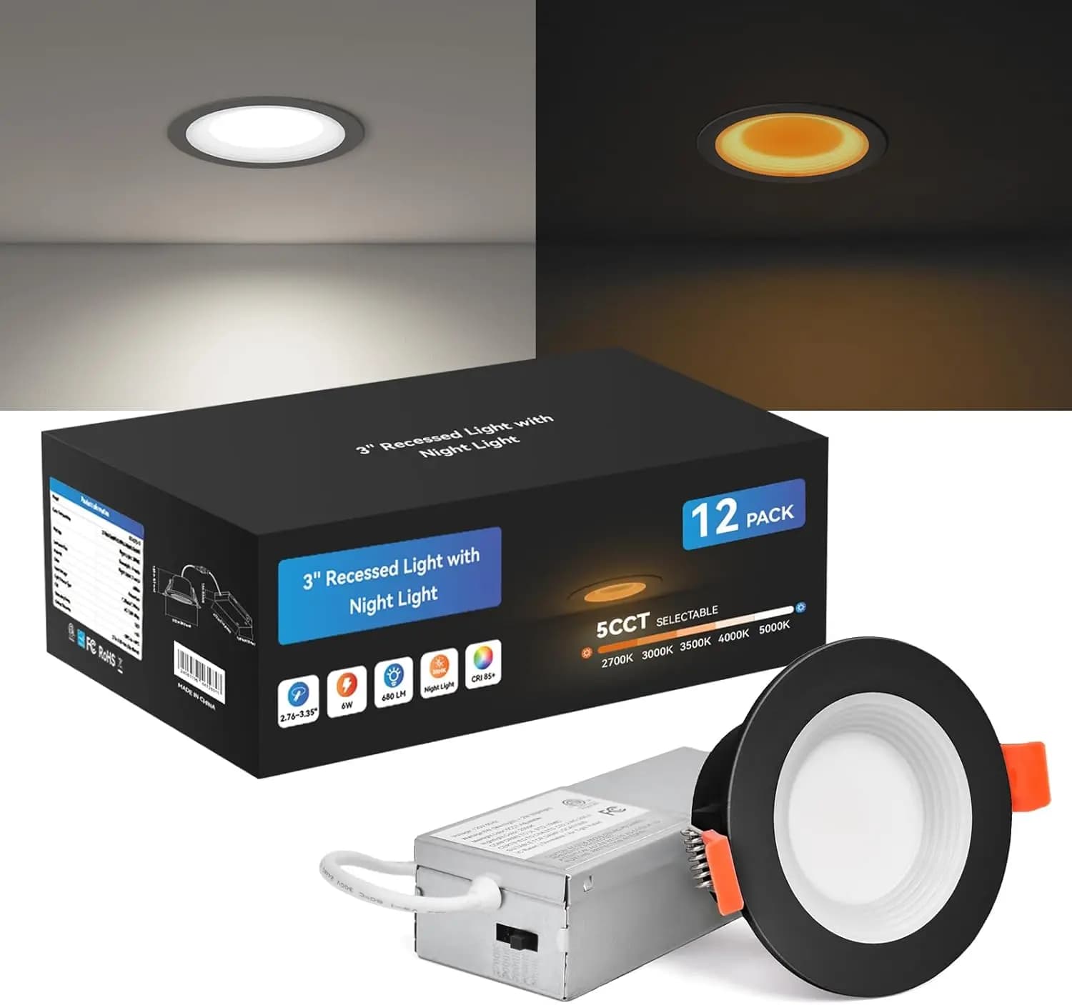 Faretti LED da Incasso da 3 Pollici con Luce Notturna, 5CCT Selezionabili 2700K-5000K, Downlight Senza Cornice Dimmerabile, 6W/2W, Nero, ETL, Confezione da 12