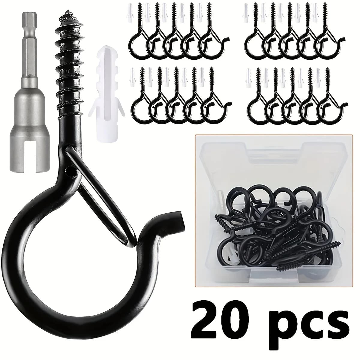 20Pcs Hanger Hooks with Safety Buckle, Screw Hooks for Hanging Outdoor String Lights, Ceiling Hooks Plants, Christmas Lights