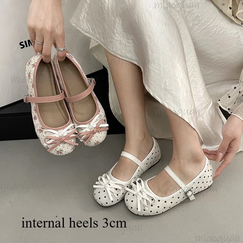 French Style Dot Floral Print Women Shoes Cute Bow Buckle Straps Low Heel Ballet Footwears Dresses Casual Daily Wear Loafers
