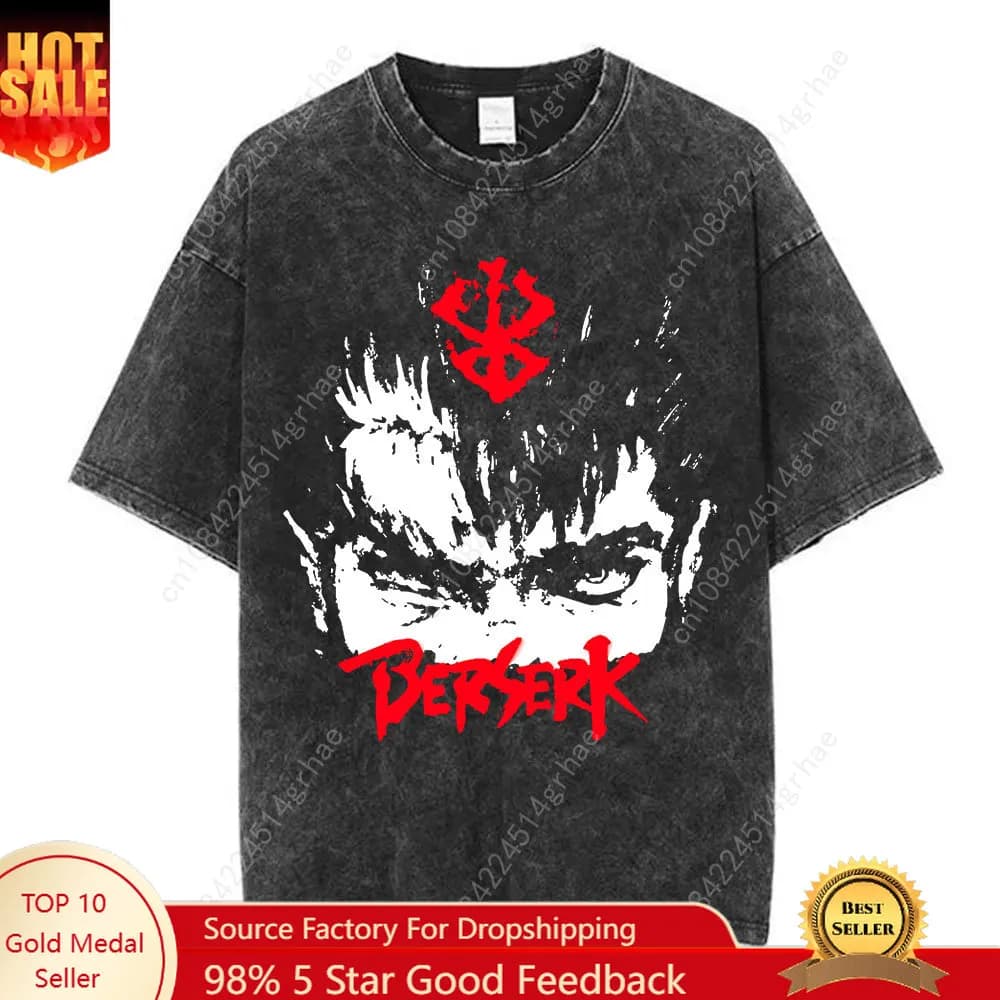 T-shirt Vintage Lavata Anime Berserk Guts Face Spadaccino Gatsu Sacrificio Zodd Uomo Donna Cotone Casual Oversize