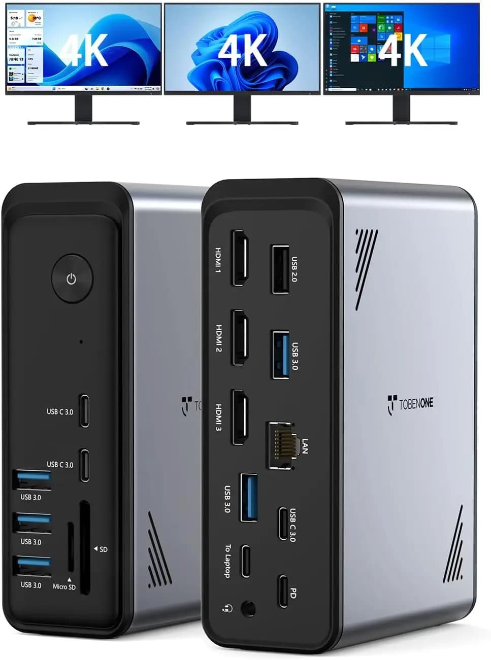 Docking Station USB C 18-in-1 per Laptop, Triplo Display 4K con 9 Porte USB, Ethernet Gigabit e PD3.0