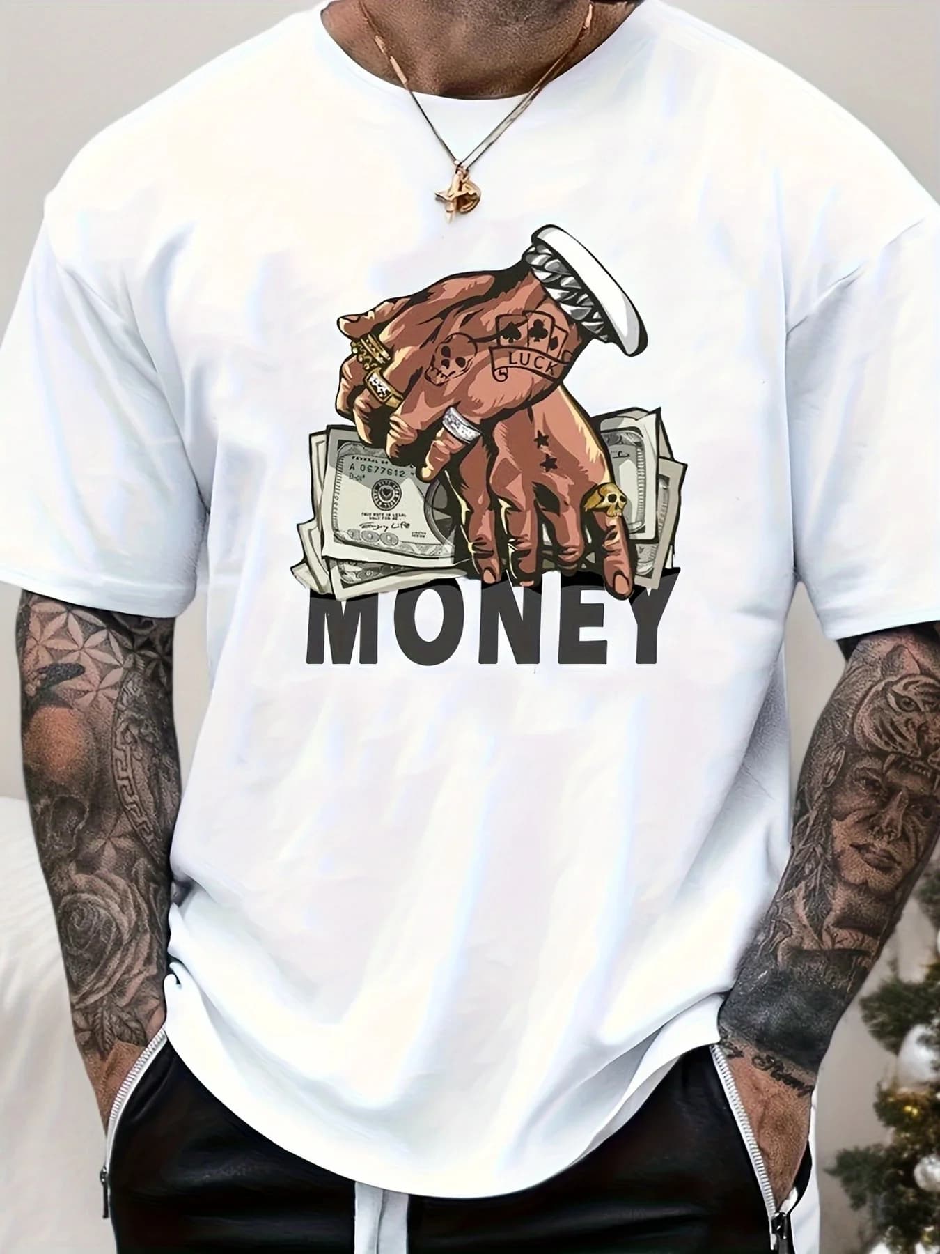 T-shirt con stampa Money & Hands Tuta da uomo in cotone Abbigliamento sportivo casual O-Collo Pullover Manica corta Top Moda Estate Streetwear