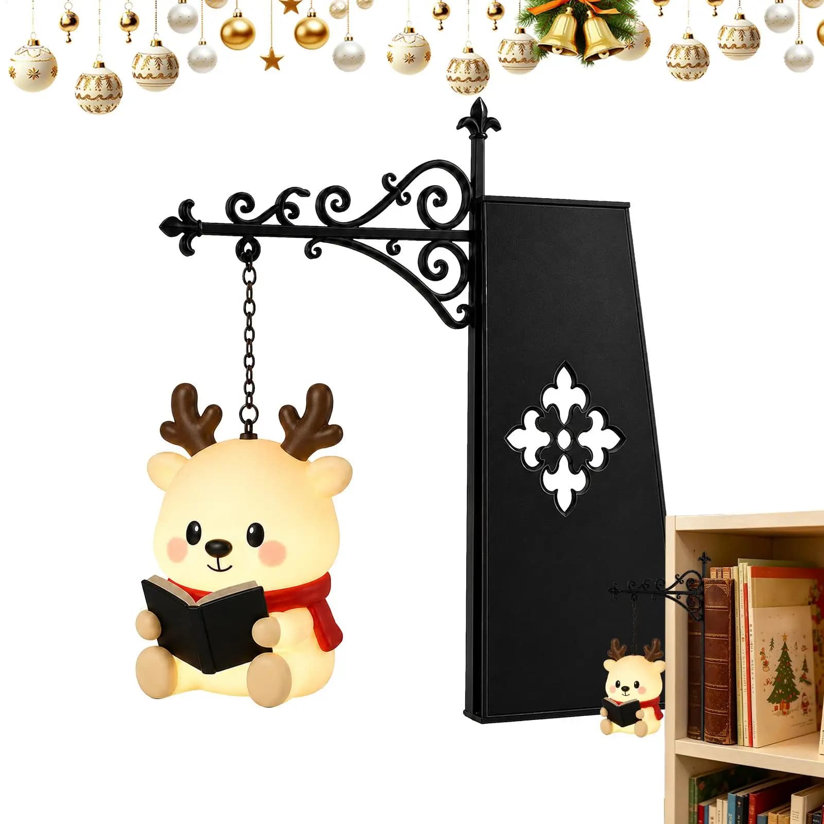 Book Shelf Lamp Cute Warm LED Christmas Santa Reindeer Decoration Library Lantern Bookshelf Lighting for Reading Nook Desk