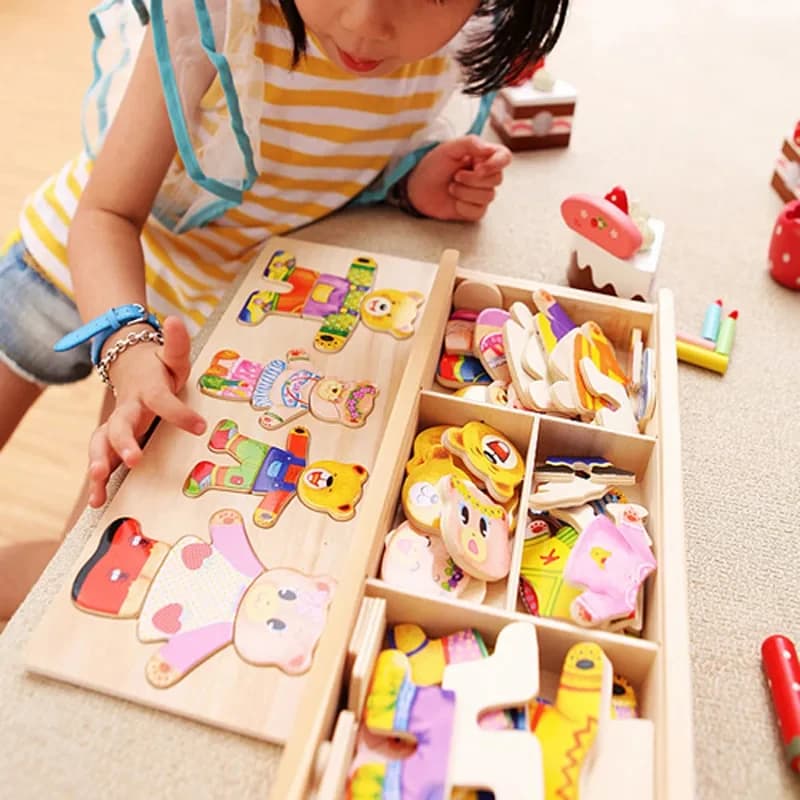 Montessori Wooden Games Toys Little Bear Change Clothes Kids Early Education Jigsaw Puzzle Dressing Baby For Children Gift