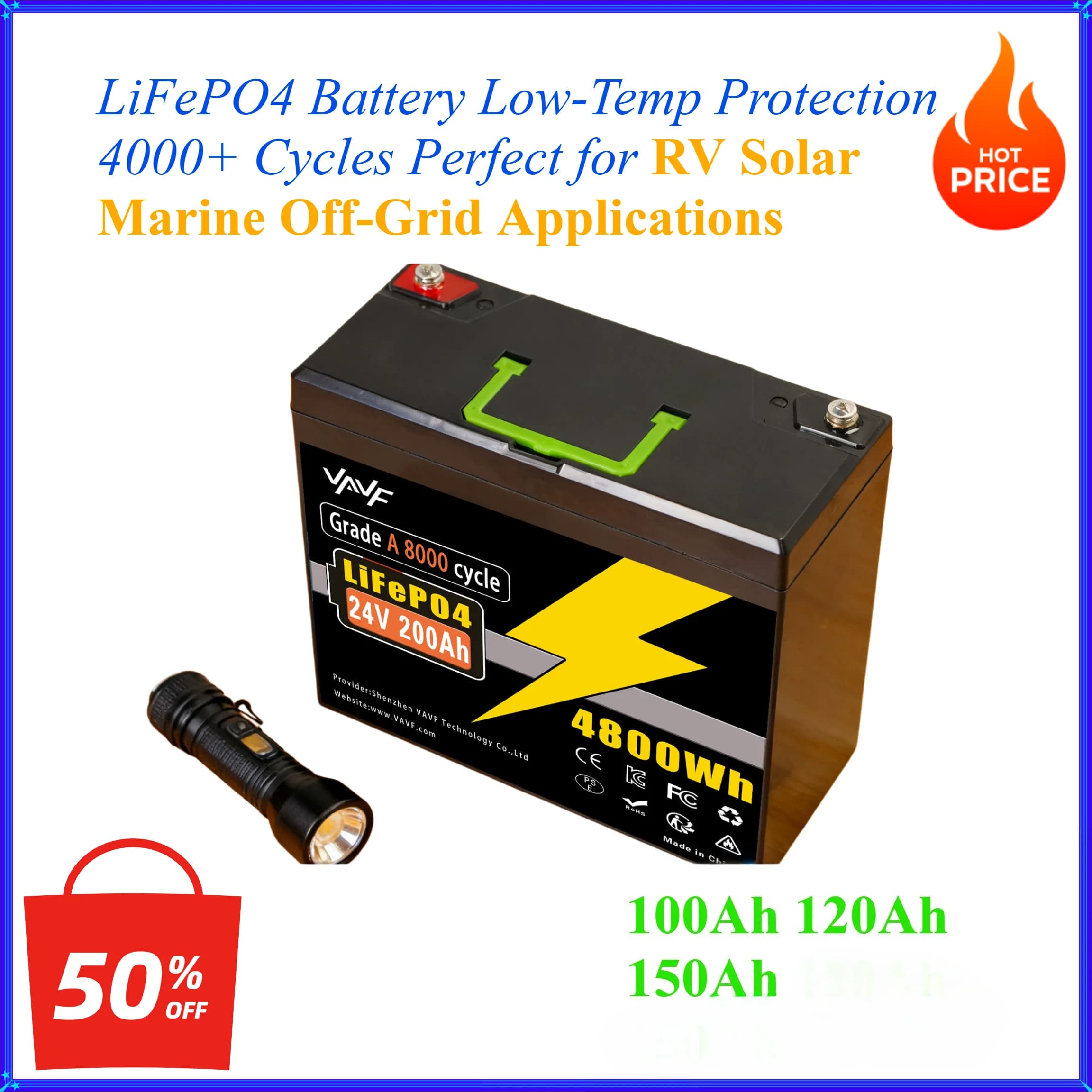 24V 100Ah 200Ah LiFePO4 Battery Low-Temp Protection 4000+ Cycles Perfect for RV Solar Marine Off-Grid Applications