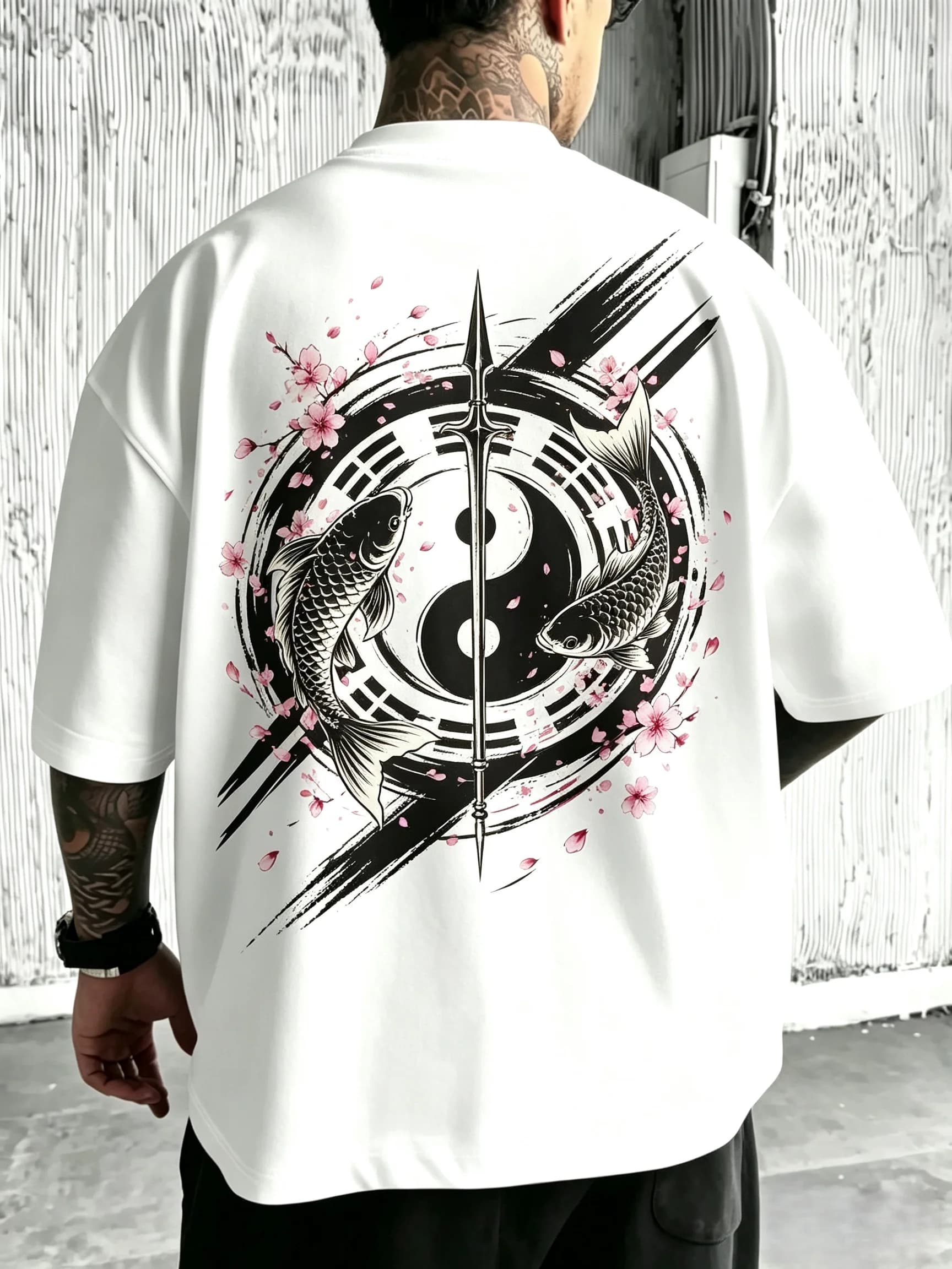 Unisex Oversized T‑Shirt Bagua Tai Chi Dual Koi Fish Long Spear Splash Ink Sakura Cherry Blossom Back Print Hip Hop Streetwear Short Sleeve Tee Men Women