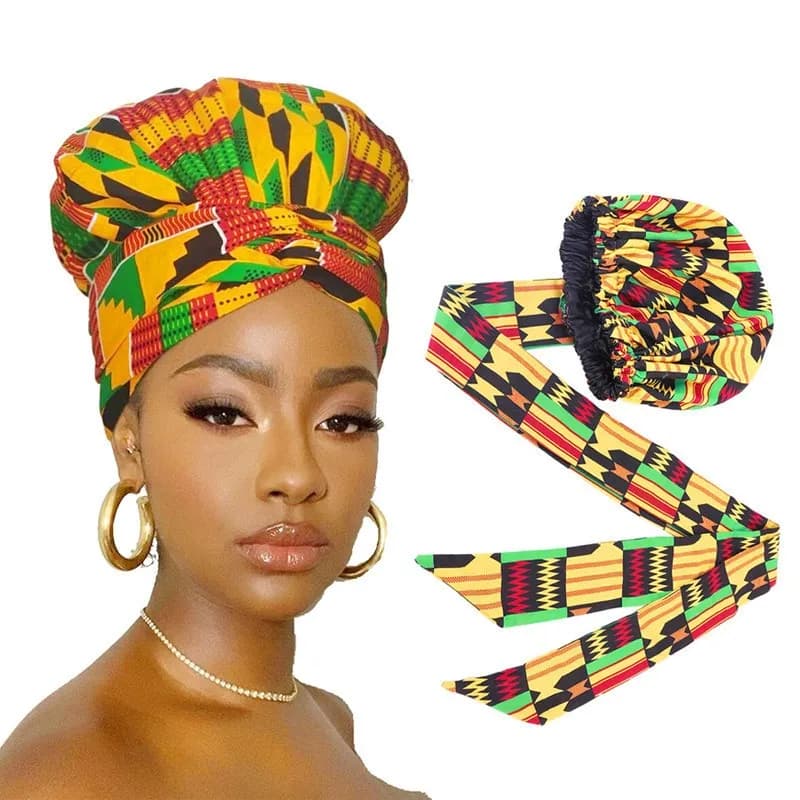 Satin Lining African Pattern Bonnet With Long Ribbon Women's Head Wrap Turban Cap Floral Print Ankara Hair Bonnet Hat