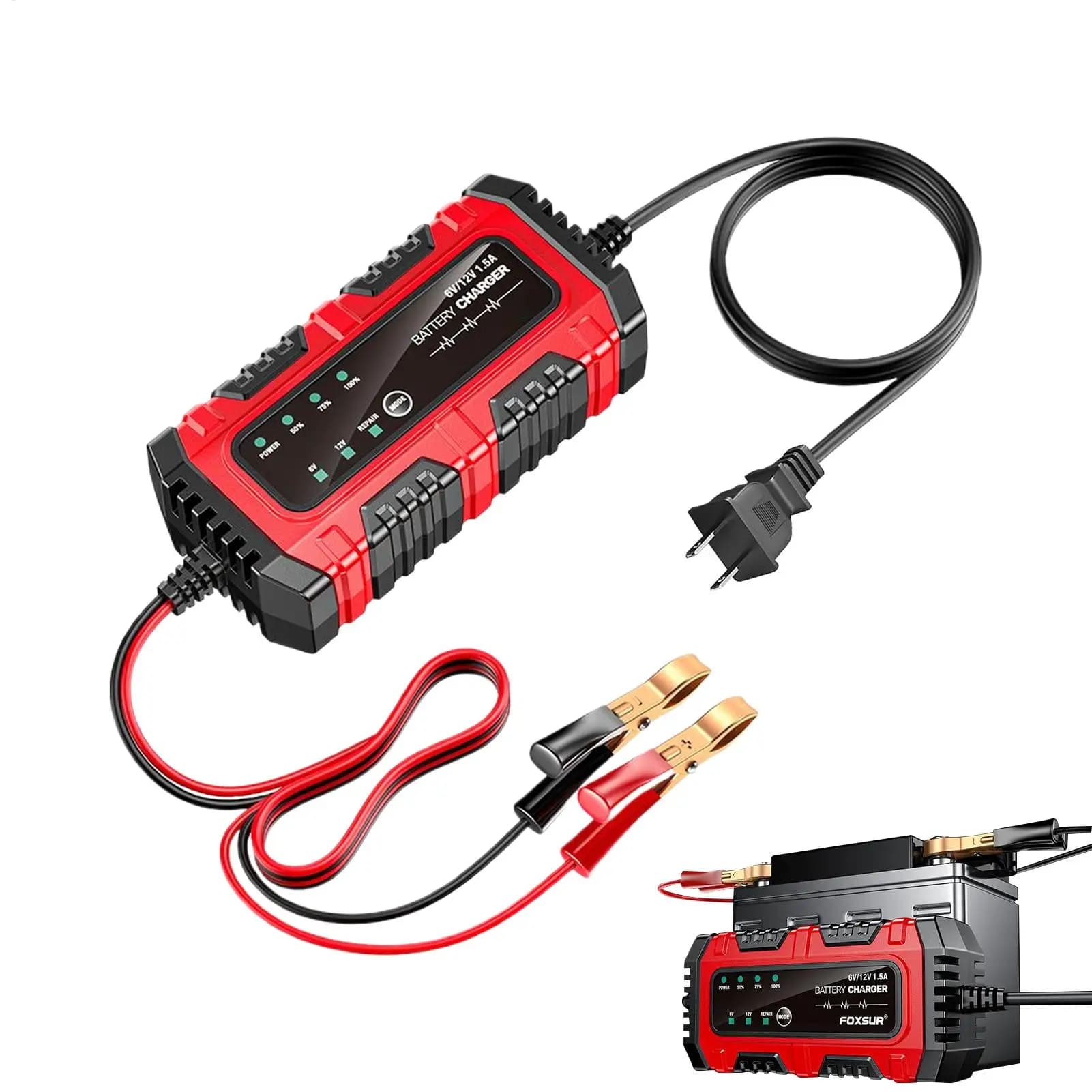 Caricabatterie e Mantenitore Automatico per Auto e Moto 1.5A 6V/12V, Caricabatterie a Corrente Continua per Camion