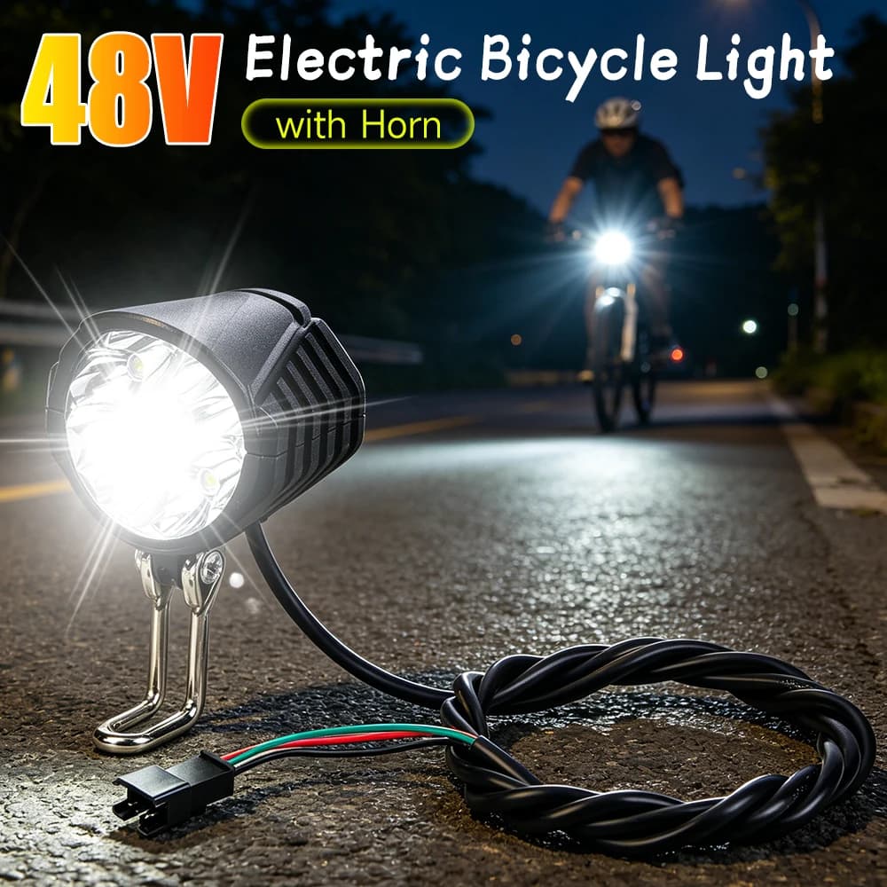 48V Electric Bicycle Light with Horn E-bike Headlight High Brightness Horn Electric Scooter LED Front Light Cycling Accessories