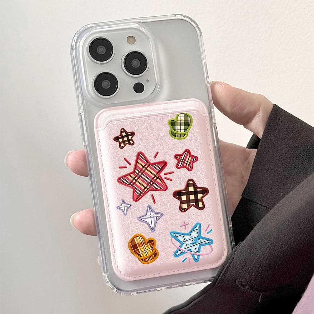 Leather phone wallet with star-shaped aesthetic print, pretty and cute, for slim case with Magsafe back pocket, shockproof design