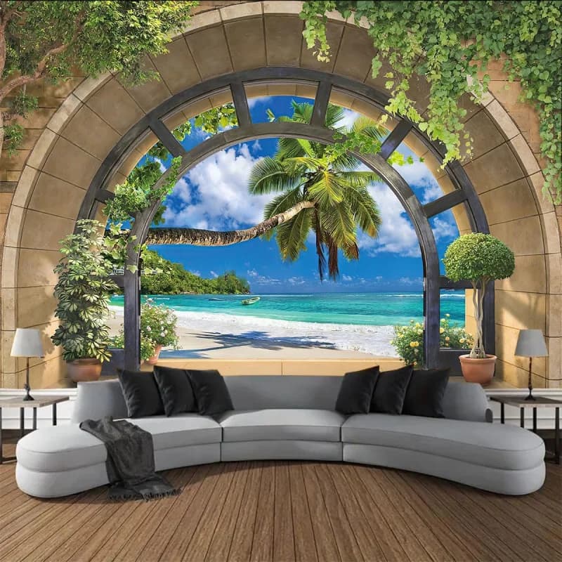 VIKAMA Panoramic Arched Window Seascape Tapestry Interior Design Rendering Holiday-Inspired Living Room & Bedroom Feature Wall