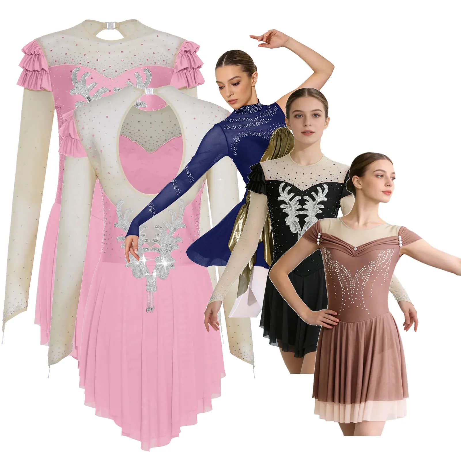 Abito Moderno con Paillettes per Donne, Body con Strass per Pattinaggio Artistico, Ginnastica, Danza, Competizioni e Spettacoli