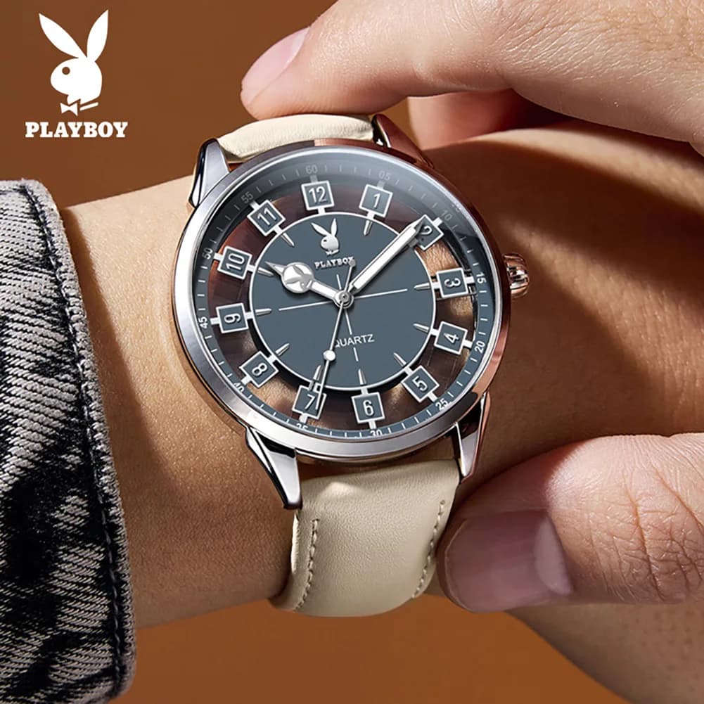 PLAYBOY 3137 Brand Quartz Movement Watch For Men Dual Vision HD Luminous Function 30m Waterproof Leather Strap Watch