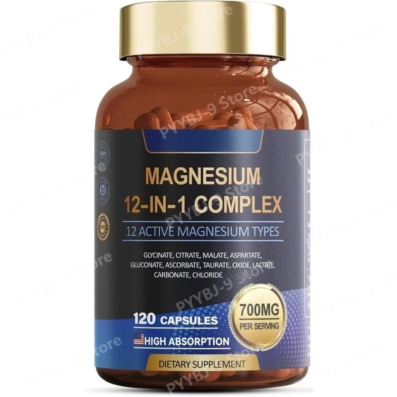 Magnesium Complex 12-in-1, 700mg Capsules, Daily Mineral Supplement Multi-Sorgente with Glicinato, Citrato, Malato, Taurato, 120 Capsules