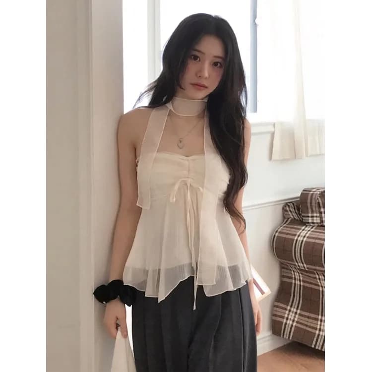 Top da donna chic in rete trasparente con laccetti e senza spalline, nuova sensazione primaverile testurizzata, camicetta con nastro svolazzante