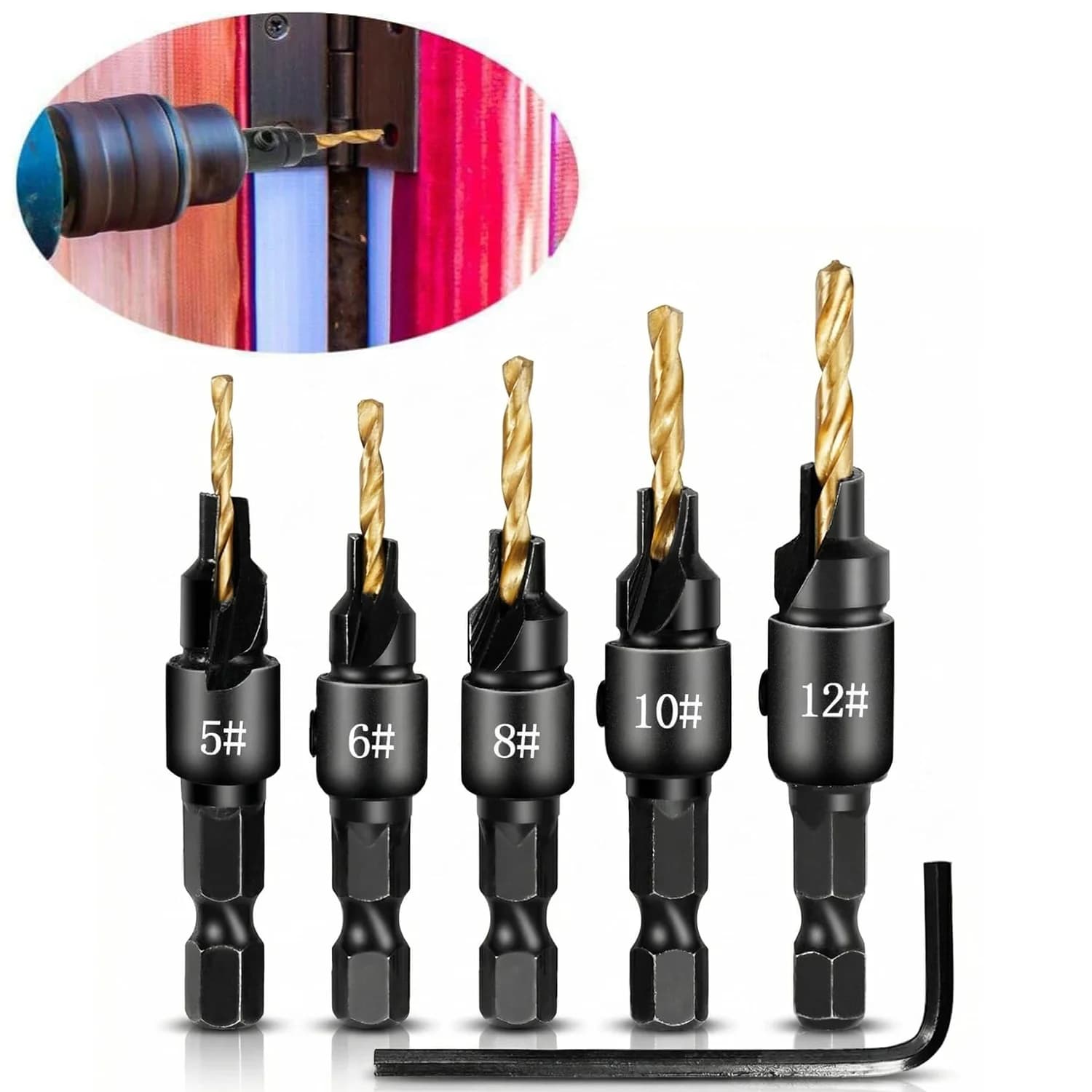 5pcs Countersink Drill Woodworking Drill Bit Set Drilling Pilot Holes for Screw Sizes #5 #6 #8 #10 #12 Cutter Screw Hole Drill