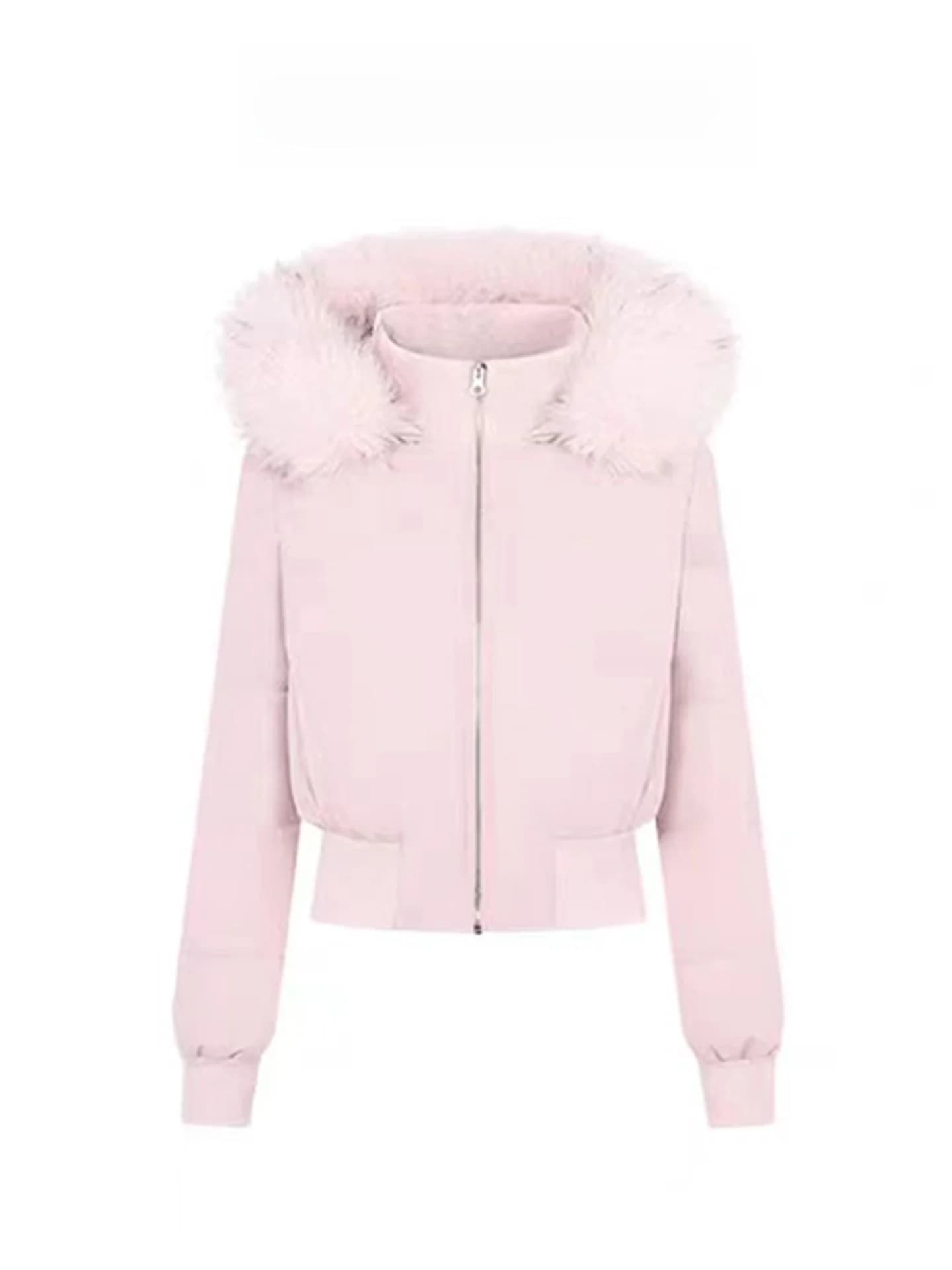 Sweet Style Pink Fur Collar down Cotton Jacket Women's Short Waist Cinching Slimming Versatile Anti Aging Warmth Cotton Coat