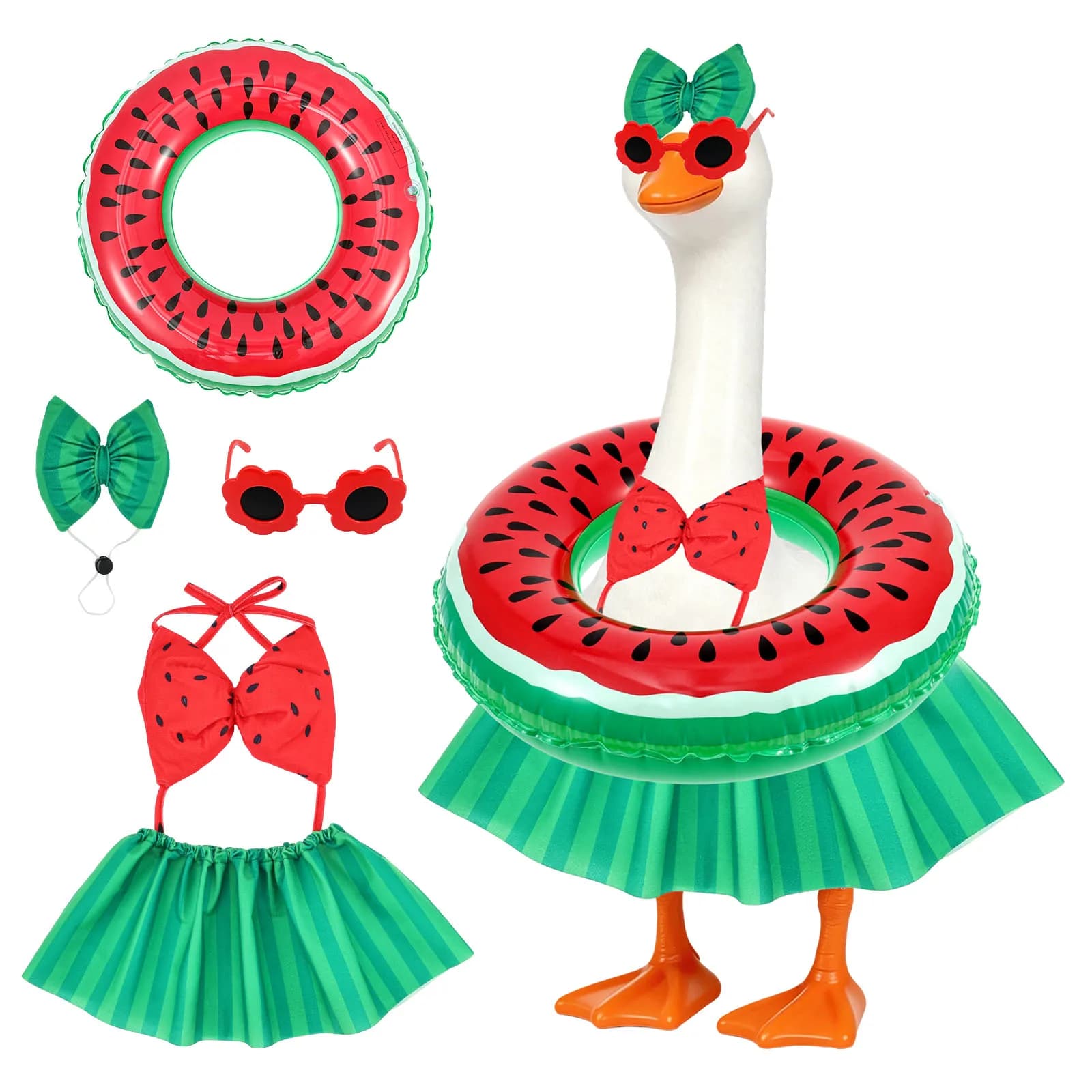 Summer Bikini Porch Goose Outfit Fits 23" Geese Statue with Hawaiian Clothes Costume Sunglasses & Swim Rings for Lawn Yard Decor