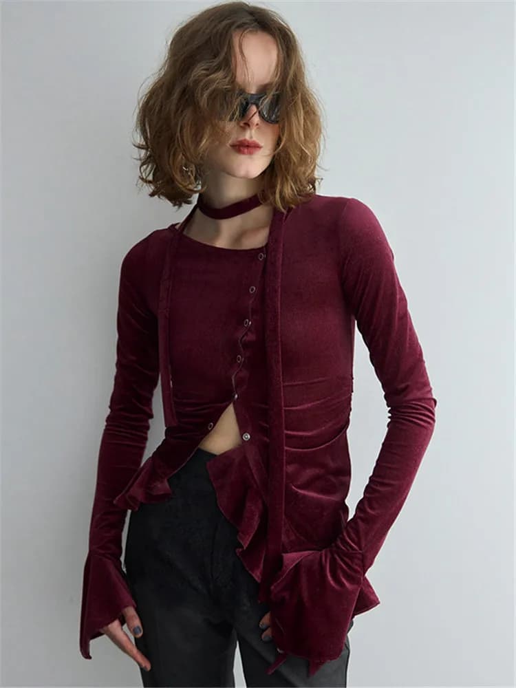 Shestyle Velvet Vintage Ruffles Tops Women Button Up with Choker Smooth Slim Incline Neck Claret Tops Retro Winter Fashion Tee