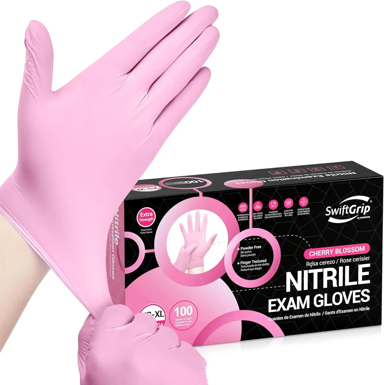 Guanti Monouso in Nitrile per Esami, 4 Mil, Adatti per Alimenti, Senza Lattice, Senza Polvere, Profumo Fiori di Ciliegio, 100 Pezzi