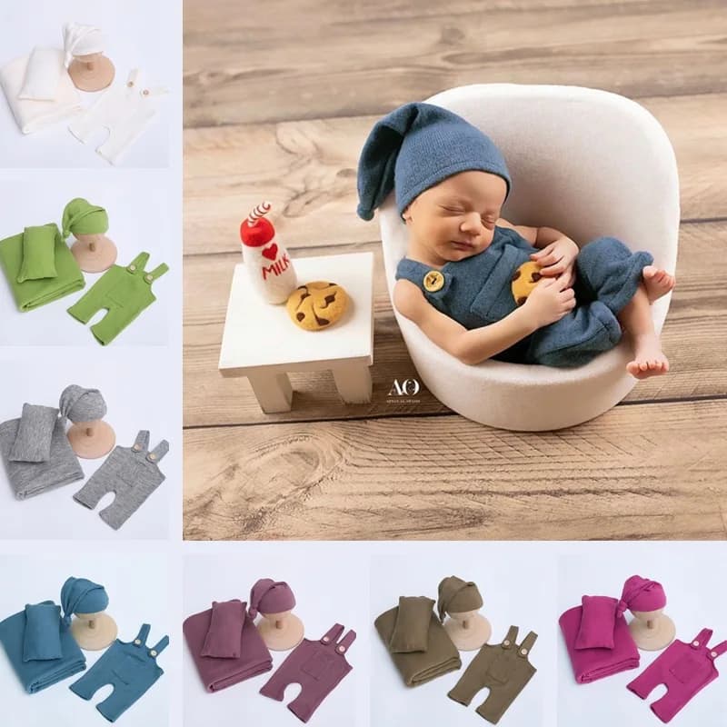 Newborn Photo Props Knit Acrylic Overalls Hat Pillow Backdrop Blanket Set Essential Studio Photography Comfortable Posing