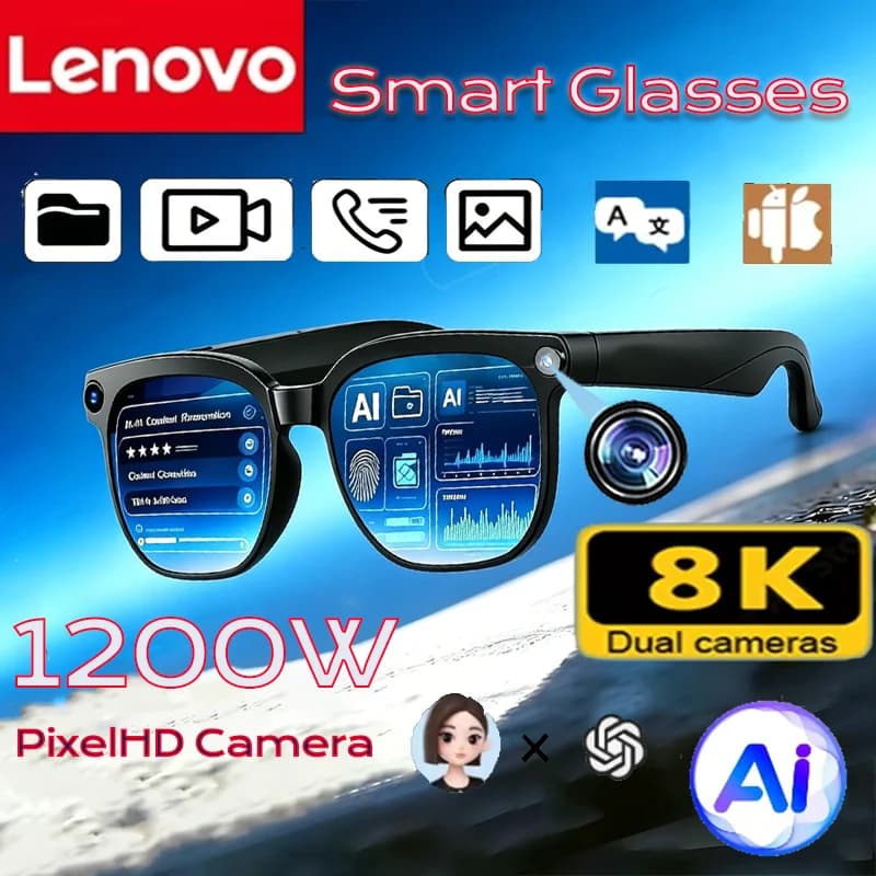 Occhiali Intelligenti Lenovo AI 8K con Controllo Touch, Fotocamera, Registrazione, Traduttore, Assistente Vocale, Musica e Connessione Bluetooth Wireless