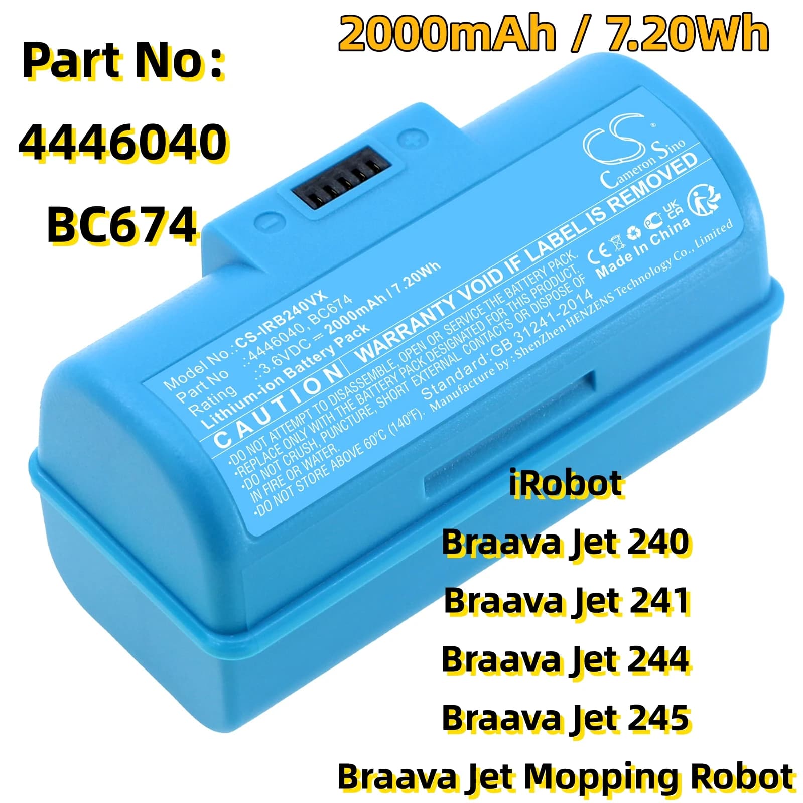 Batteria di ricambio per iRobot: 4446040, BC674, Braava Jet Mopping Robot, Braava Jet 240, 241, 244, 245, Vacuum-2000mAh