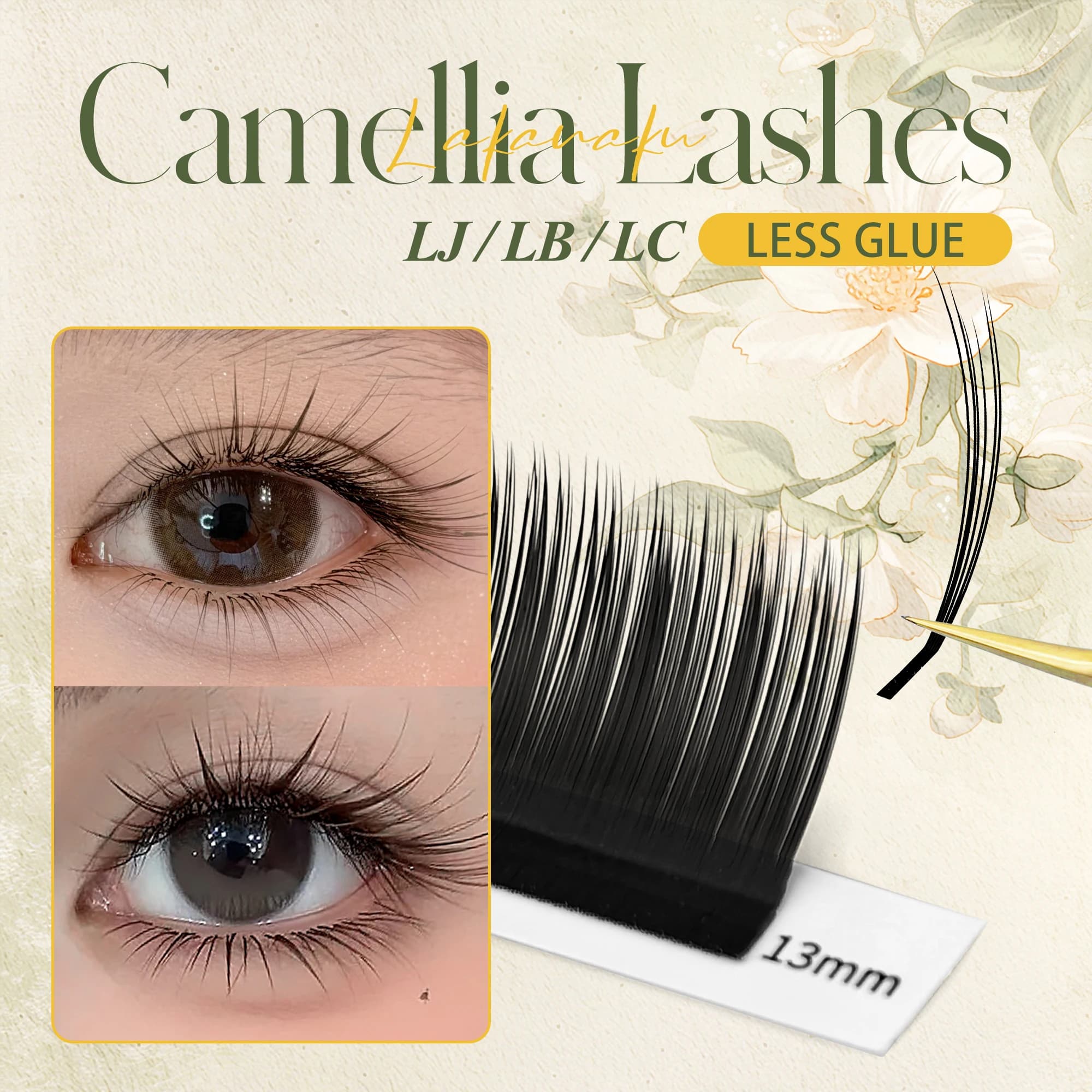 Ciglia Finte LAKANAKU Less Glue Camellia LJ/LB/LC Curl Nere Marroni, Extension Ciglia Individuali Premium Volume Effetto Fluffy