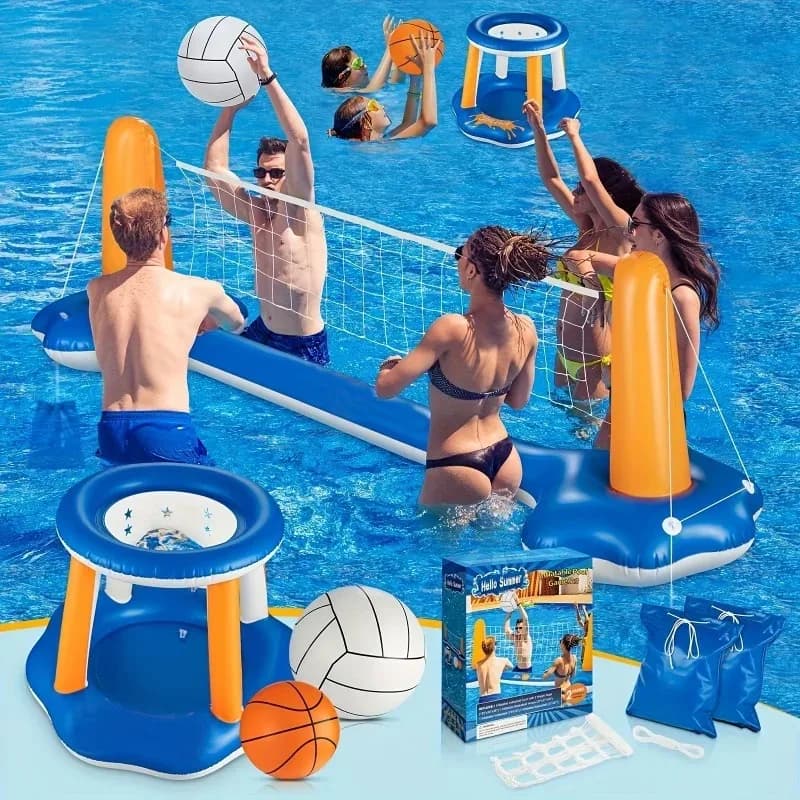 Set Grande Galleggiante Gonfiabile per Piscina con Rete da Pallavolo e Canestro da Basket, Giochi Acquatici Galleggianti per Adulti, Giocattoli Estivi per Feste in Piscina e Spiaggia