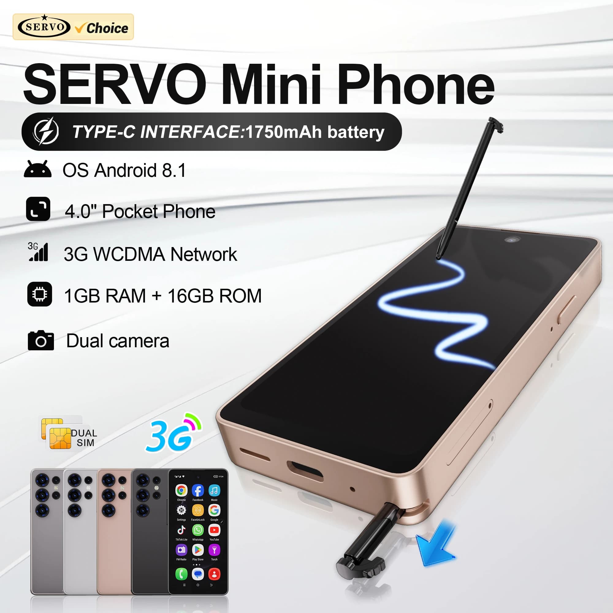 2026 SERVO 3G WCDMA Mini Android Smartphone with Stylus WhatsAPP Google Play Face Unlock WiFi Dual SIM 4.0" Small Smart Phones