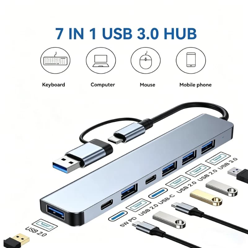 Hub USB C 7/8 Porte, Adattatore Multiporta Type-C, Splitter Dock con Porta USB 3.0 per Telefoni e Tablet Xiaomi, Trasferimento Dati Veloce e Ricarica