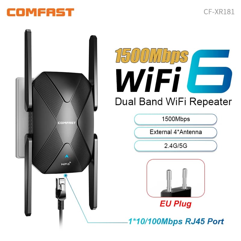 Comfast 1800Mbps WiFi6 Ripetitore Dual-band WIFI Extender 100M Porta RJ45 Router domestico 2.4G e 5GHz Amplificatore di portata Wi-Fi 4 * 3 dBi