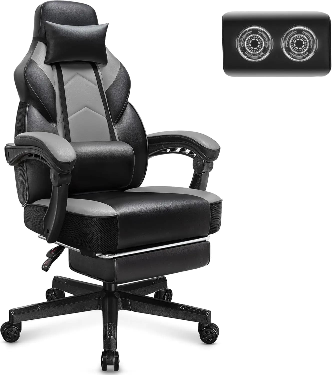 Sedia da gaming con poggiapiedi, per persone di statura alta e robusta, supporto lombare massaggiante, 330 libbre, altezza regolabile, rotazione a 360° ° Girevole, Grigio