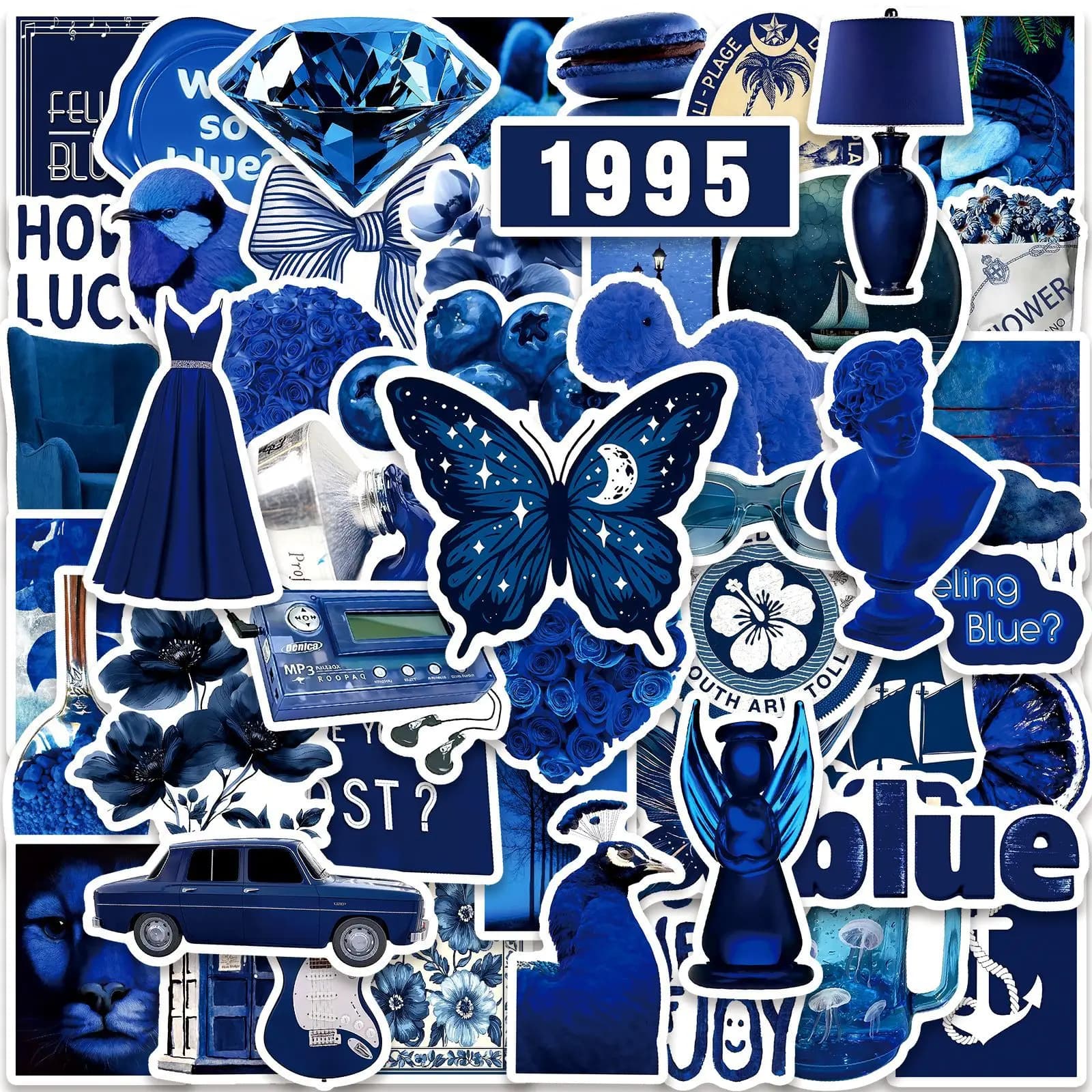 50 Pezzi Adesivi Stile Ins Blu con Disegni Cartoon, Impermeabili, per Laptop, Telefono, Diario, Quaderno, Skateboard, Valigia