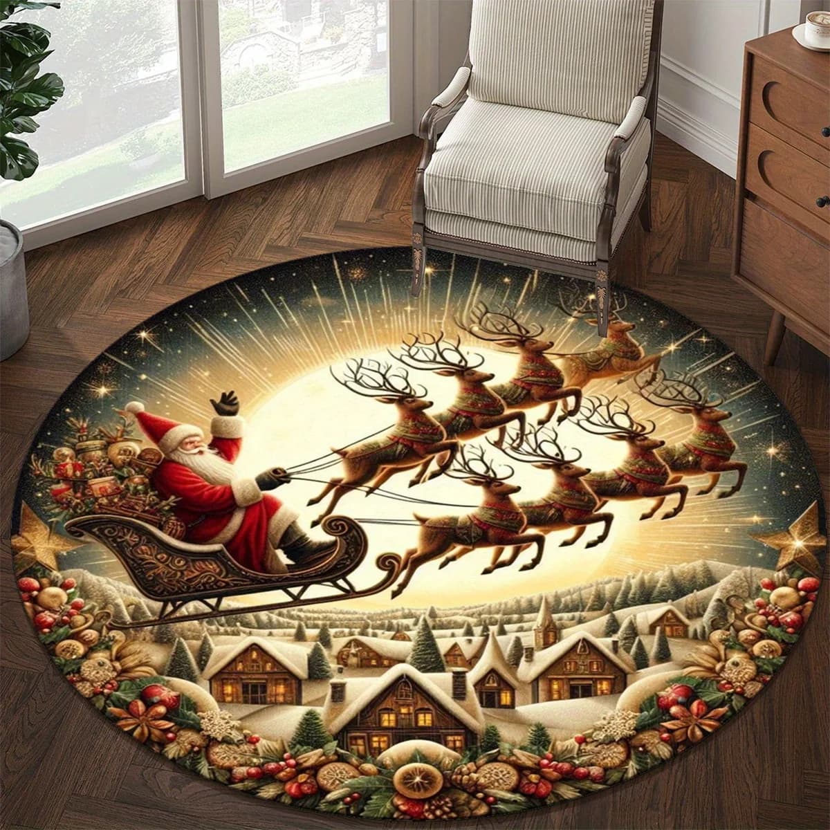 Tappeto natalizio con renna di Babbo Natale, tappetino antiscivolo in morbido poliestere, arredamento festivo per soggiorno, camera da letto, ufficio