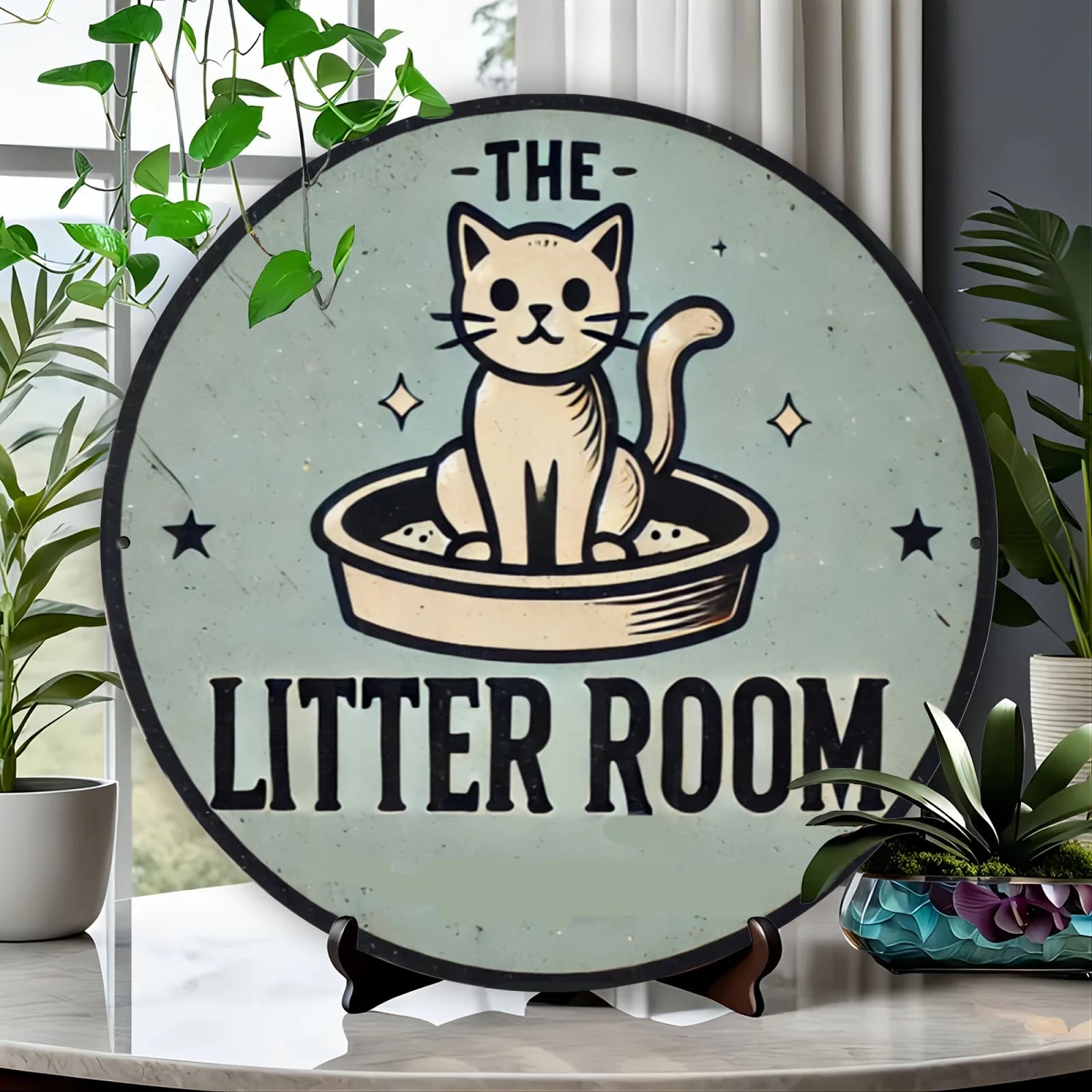 Targa rotonda in metallo in alluminio a tema gatto "La lettiera" - Arte da parete incisa in lamina artigianale per casa, dormitorio, bar, caffetteria, piscina,
