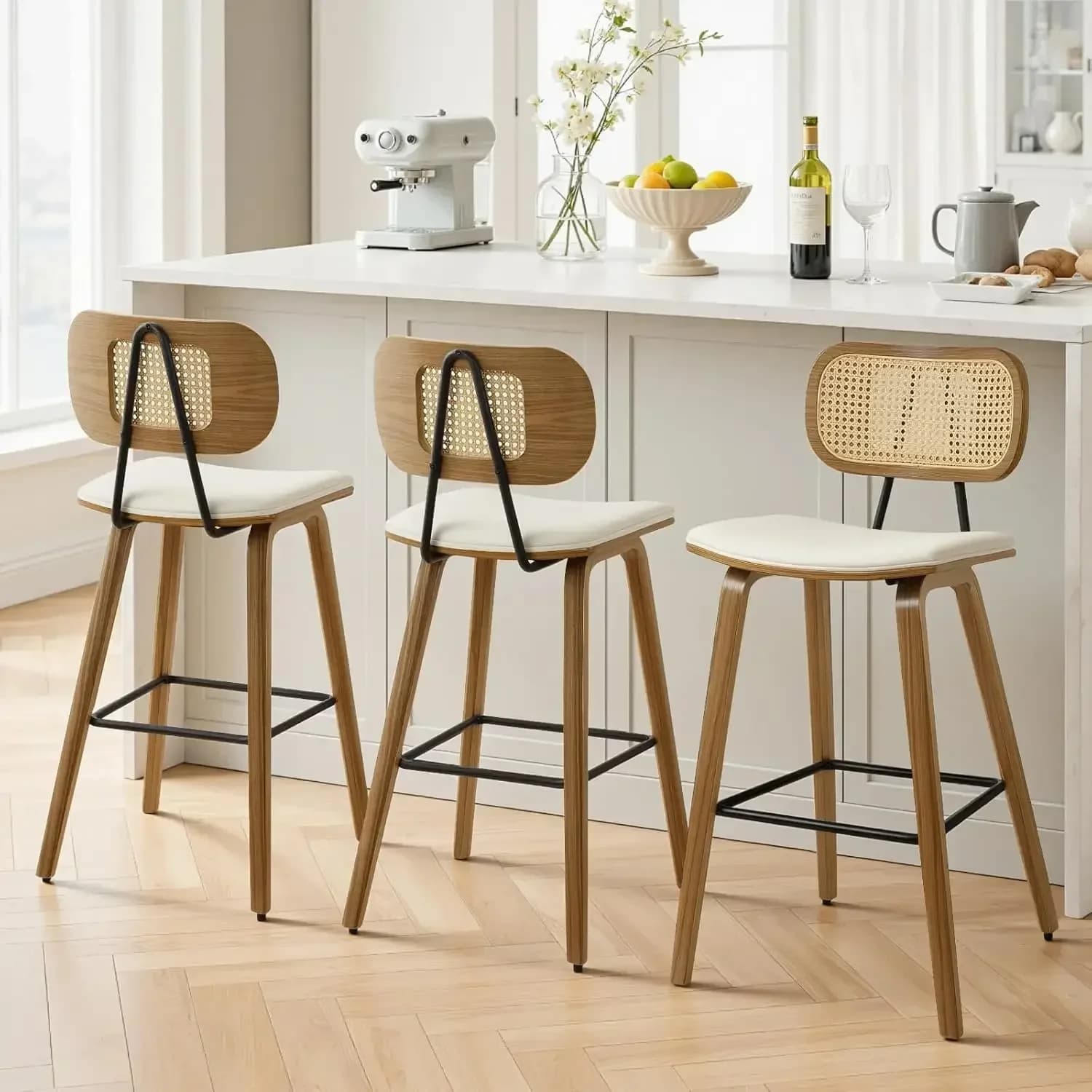 26 in. Rattan Counter Height Bar Stools with Faux Leather Seat, Mid-Century Modern Upholstered Barstools Set of 3, with Walnut B