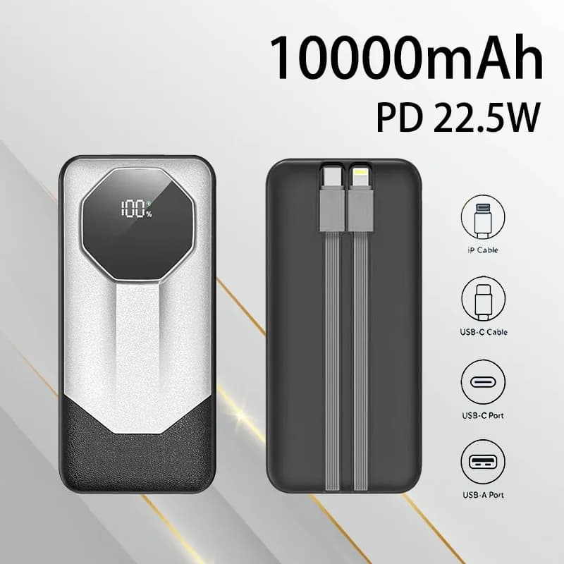 Power Bank Portatile da 10000mAh con Ricarica Super Veloce 22.5W, Display Digitale e Doppio Cavo, Alimentatore Mobile PD20W