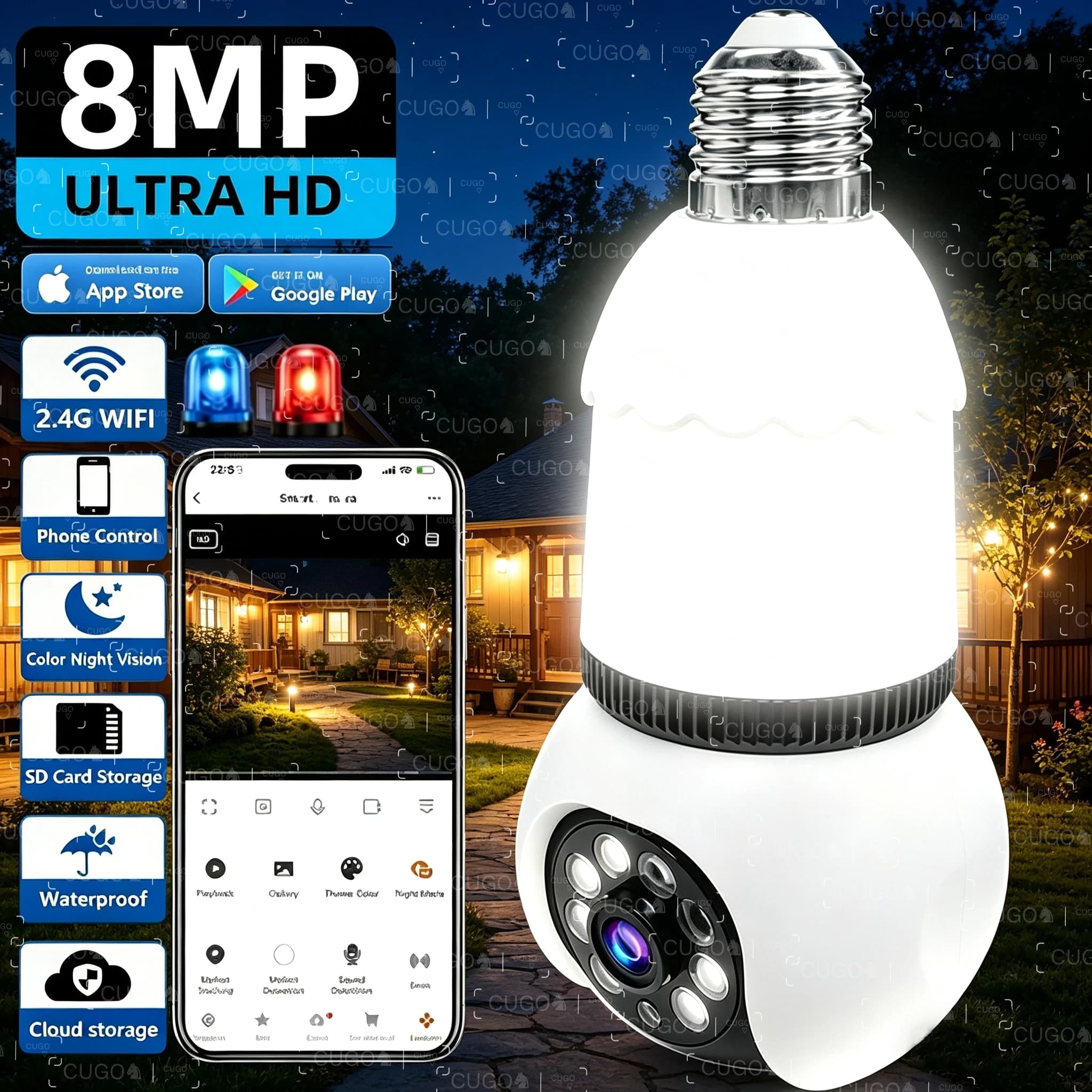 Telecamera Lampadina E27 8MP, Lampadina LED Intelligente con Sorveglianza IP, Audio Bidirezionale, Rilevamento Automatico AI, Telecamere di Sorveglianza Wireless, Telecamera WIFI