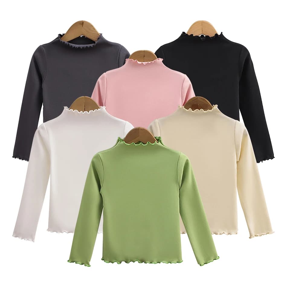 Abbigliamento per bambini Nuova camicia base per ragazze per bambini autunnali e invernali T-shirt a maniche lunghe tinta unita alla moda con bordo fungo nero