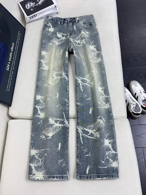Retro Blue Dyed Embroidered Knife Men's Jeans mid Waist Straight Leg Wear Resistant Spring Summer Autumn Seasonal Wear