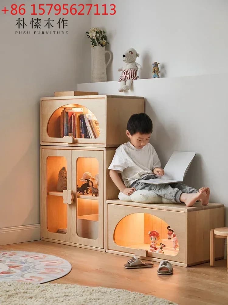 Libreria in Legno Massello, Contenitore per Giocattoli per Bambini, Armadio Espositivo Trasparente Fatto a Mano per Blocchi da Costruzione