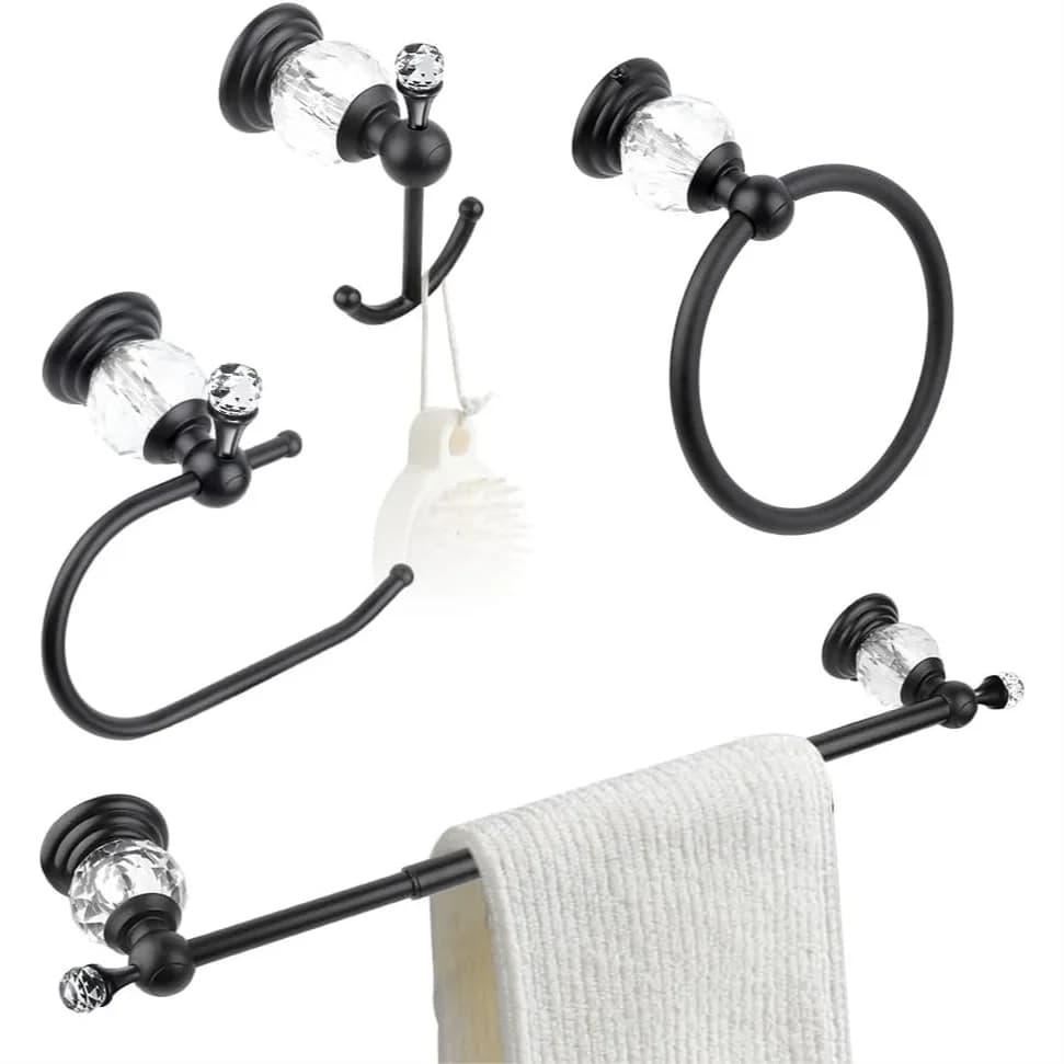 Set di accessori da bagno in cristallo nero, 4 pezzi: portasciugamani regolabile da 24 pollici, porta carta igienica, anello porta asciugamani e ganci appendiabiti, da parete