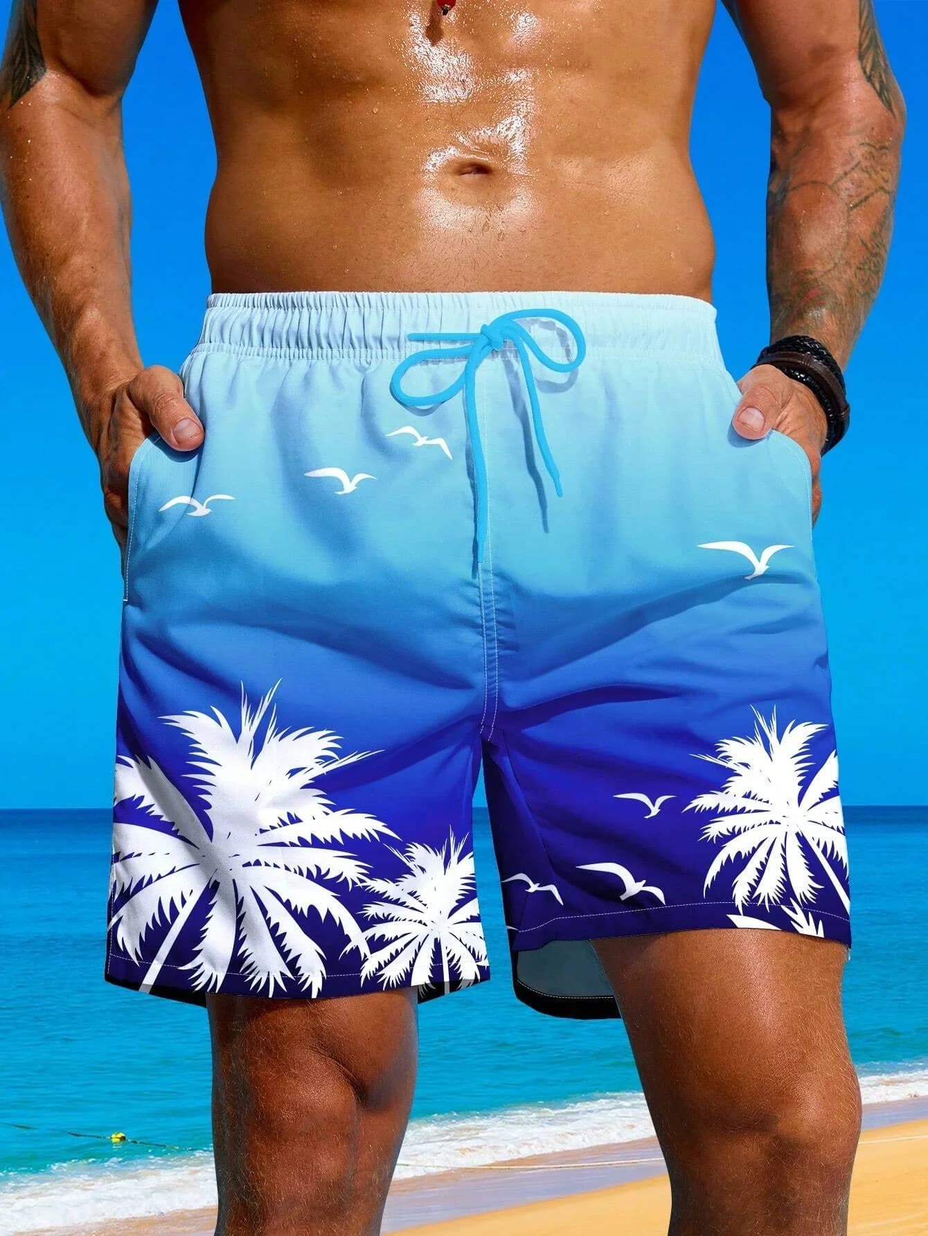 Pantaloncini da surf in vita con coulisse e stampa palme da uomo per le vacanze estive, costume da bagno alla moda, stampa 3D, corto traspirante, streetwear